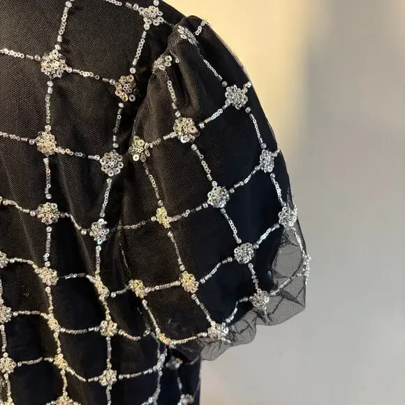 Adrianna Papell Beaded Mesh Top Black Sequin Puff Sleeve Sheer Blouse NWT Sz L - Picture 4 of 10